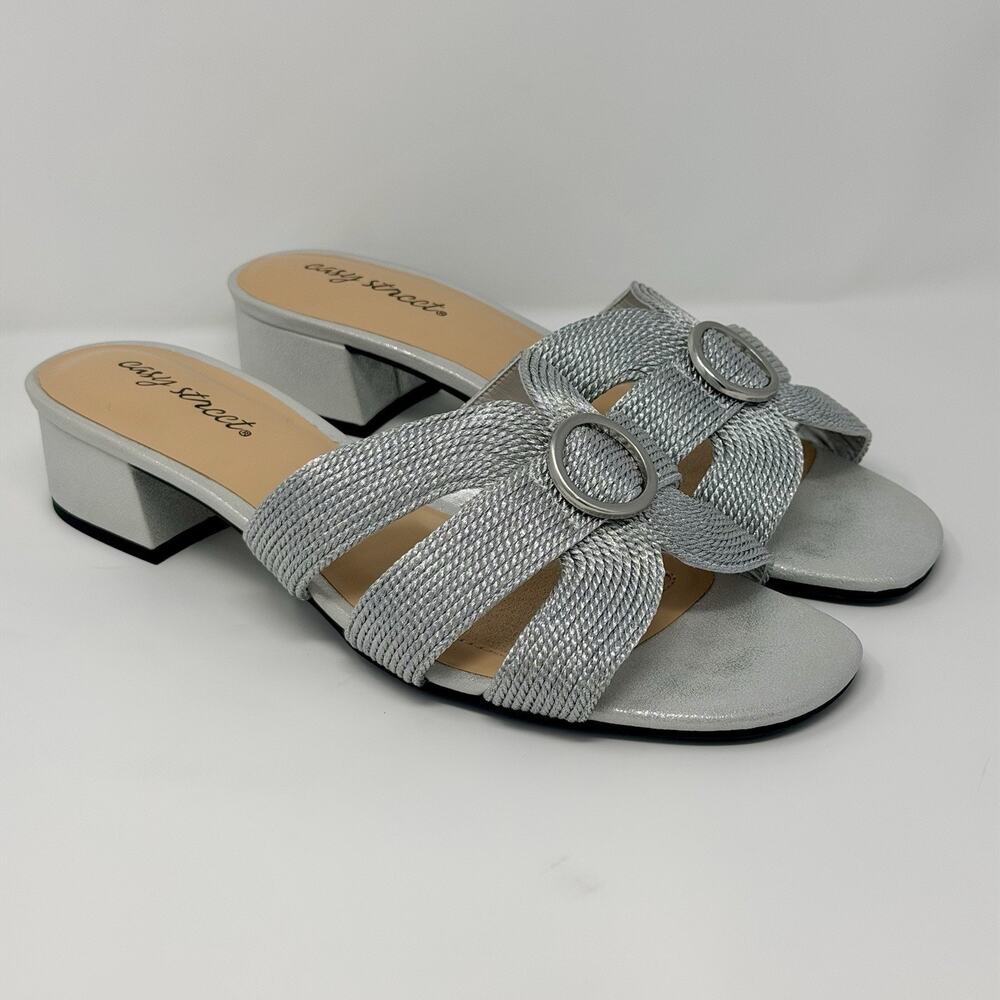 Easy Street Onyx Women’s 10 Wide Silver Woven Slide Sandals Block Heel New